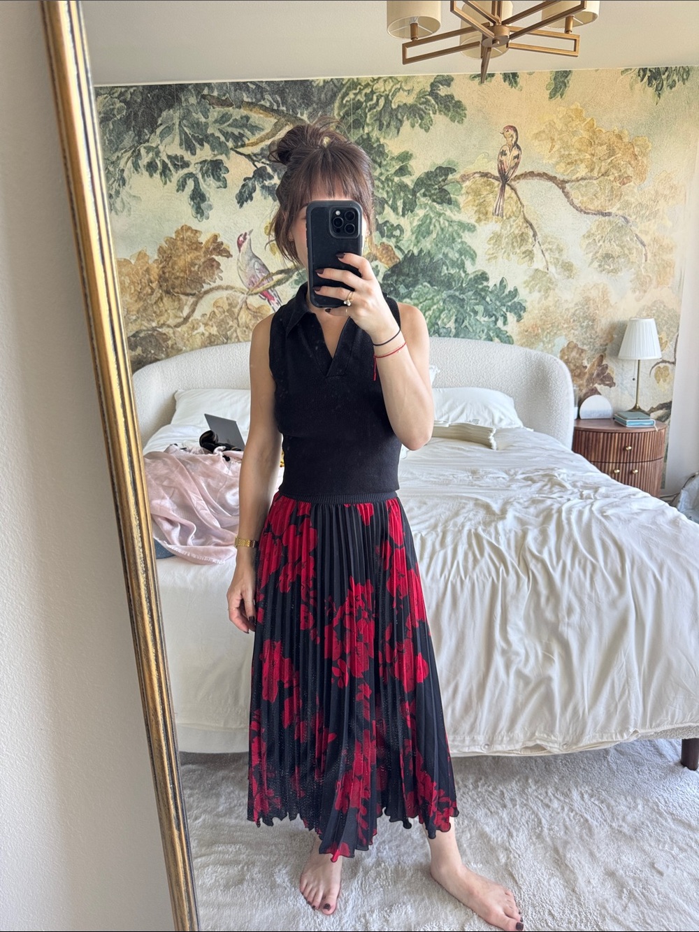 Pleated Black Midi Skirt with Red Floral Print